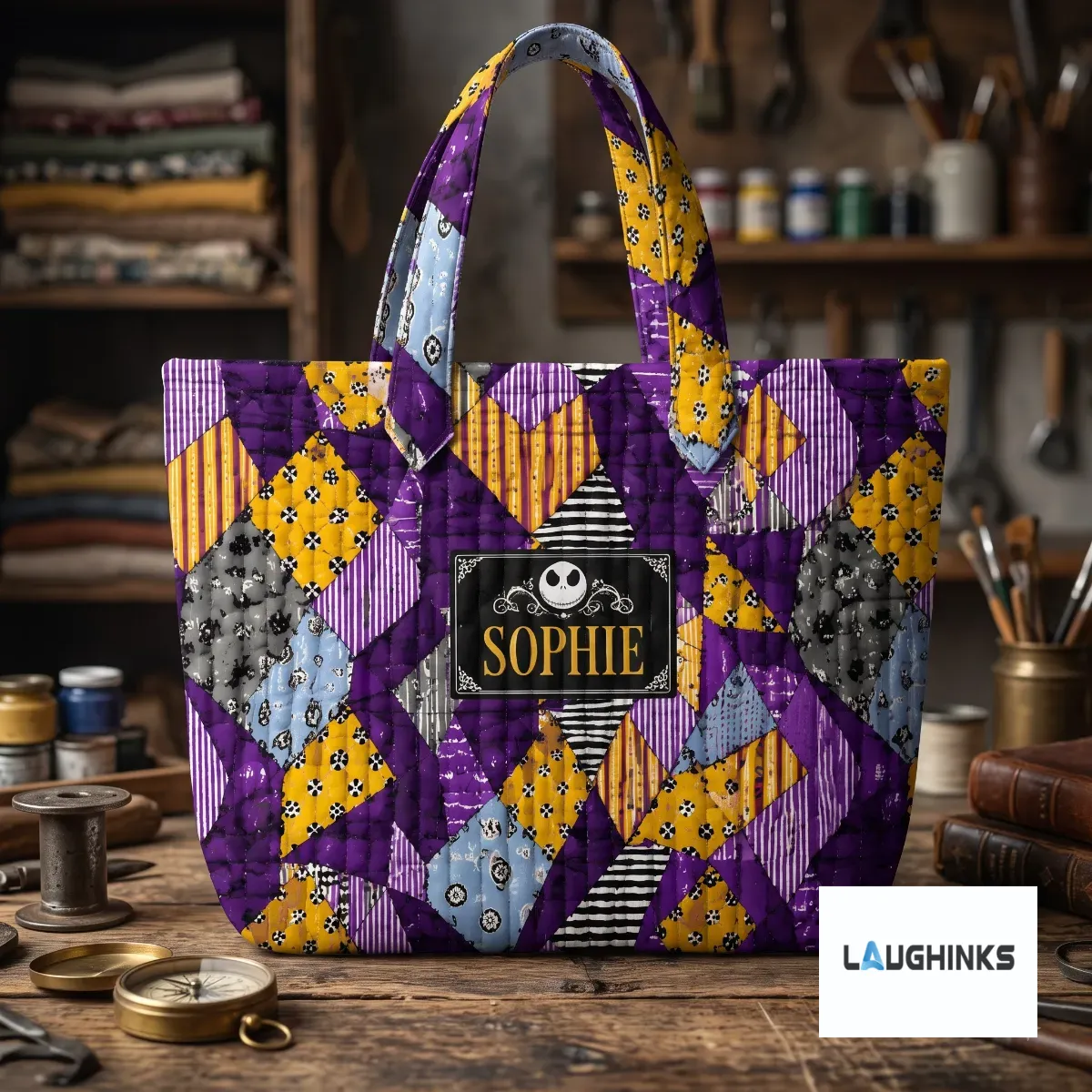 Custom name The Nightmare Before Christmas Halloween Town Disney Springs 2026 Quilted Tote Bag Inspired By Vera Bradley collection 5 Close-up of the patchwork design and name plate on the custom tote.