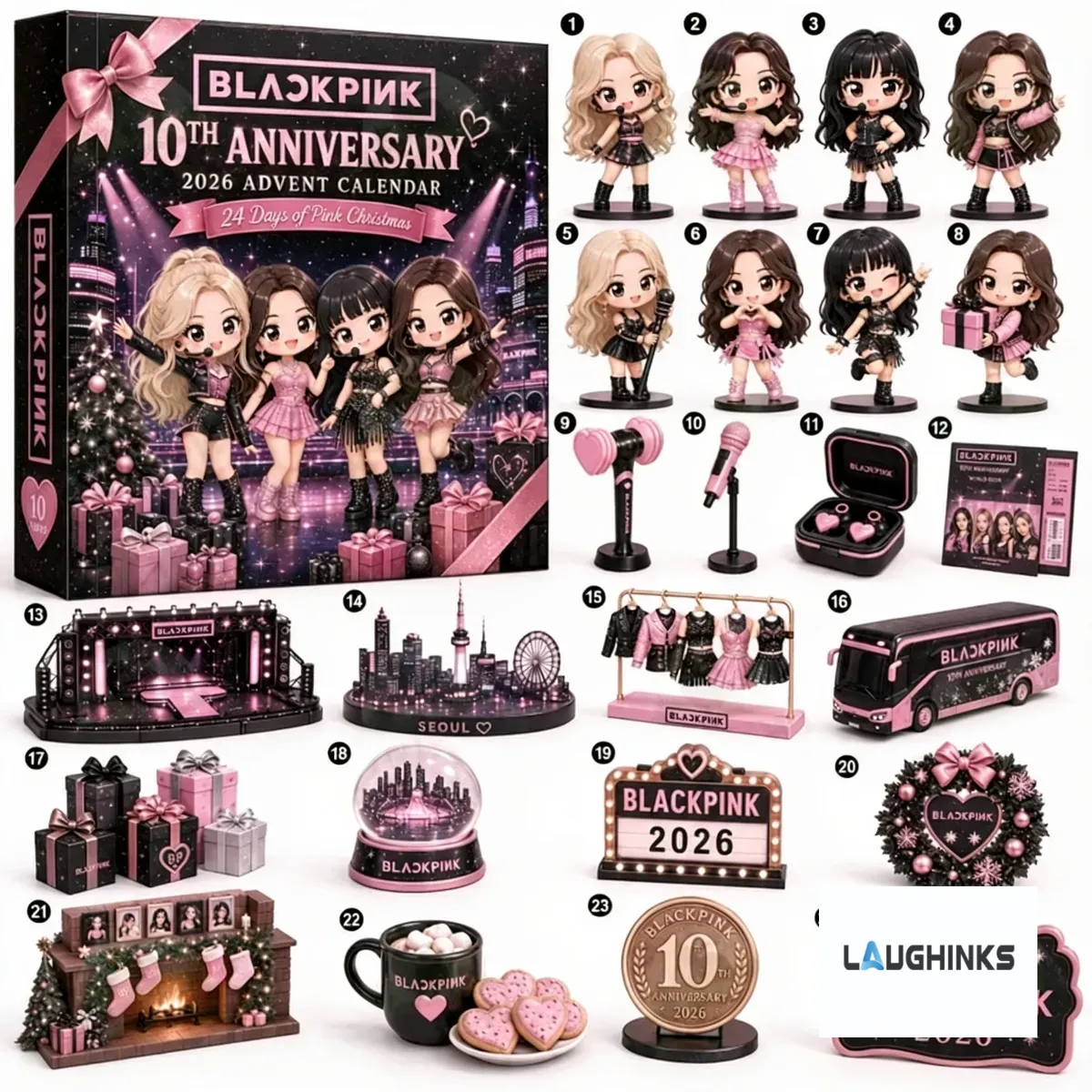 BLACKPINK 10th Anniversary 2026 Advent Calendar of 24 Day Acrylic Ornaments 5 Close up of Blackpink chibi figurines and mini tour bus collectible.