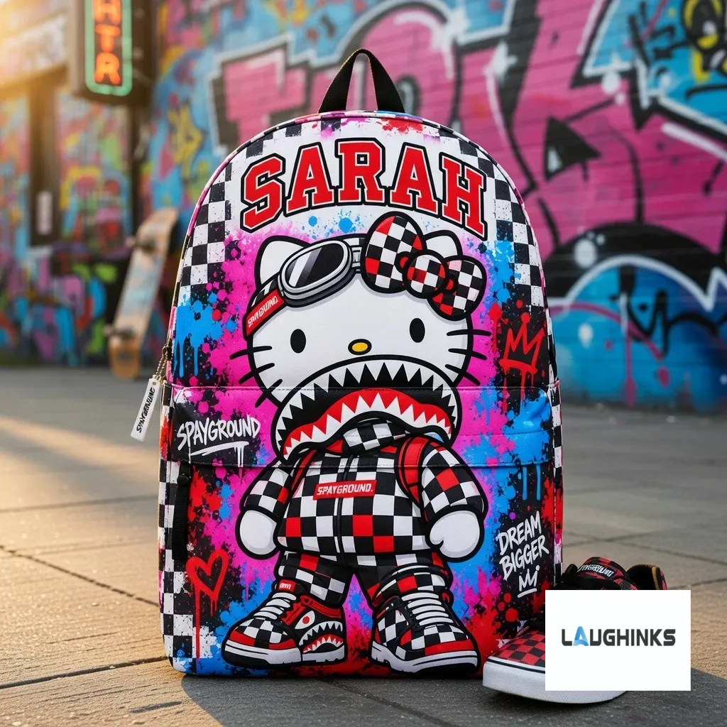 Personalized Name Hello Kitty Sprayground AOP Backpack 3 Customizable Hello Kitty graffiti backpack on a city sidewalk.