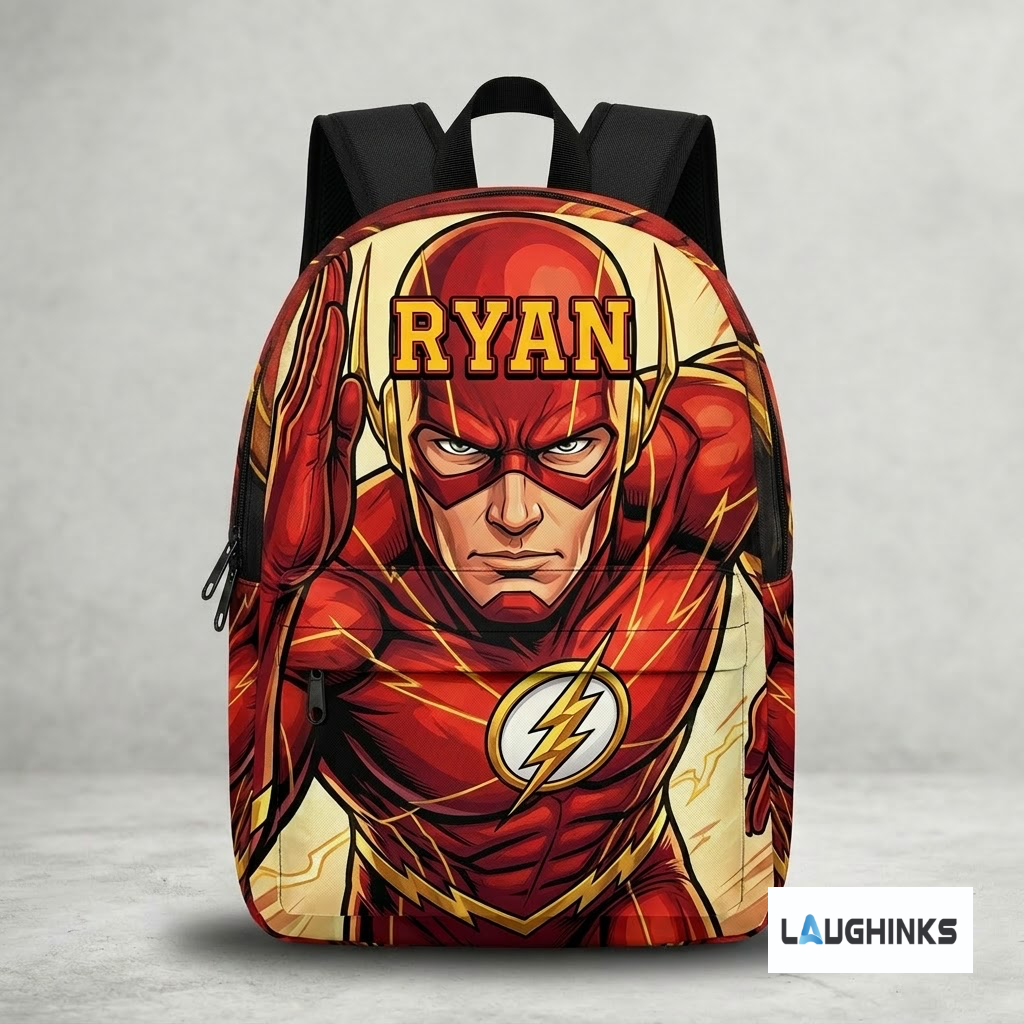 The Flash Personalized Kids & Adults School Backpack 2 Front view of The Flash themed school backpack with personalized Ryan name plate and red superhero suit graphic.