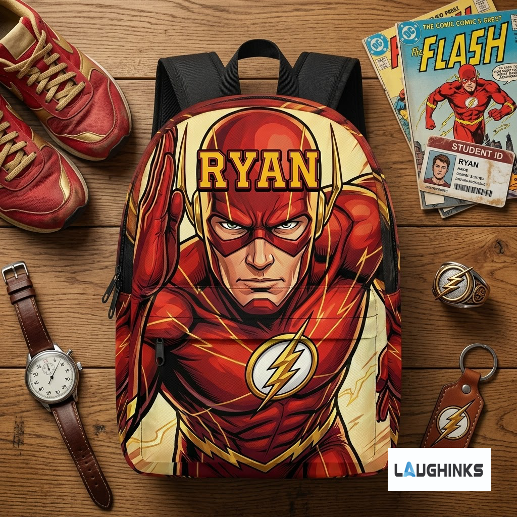 The Flash Personalized Kids & Adults School Backpack 3 Front view of The Flash themed school backpack with personalized Ryan name plate and red superhero suit graphic. (Detail view #2)