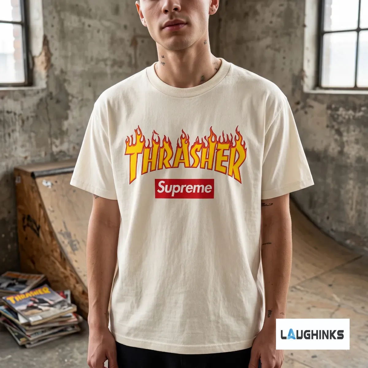 Thrasher x Supreme Flame Logo Graphic T-shirt 2026 5 Detailed front view of the black Thrasher x Supreme collaboration flame logo t-shirt on a leather background. (Detail view #3)