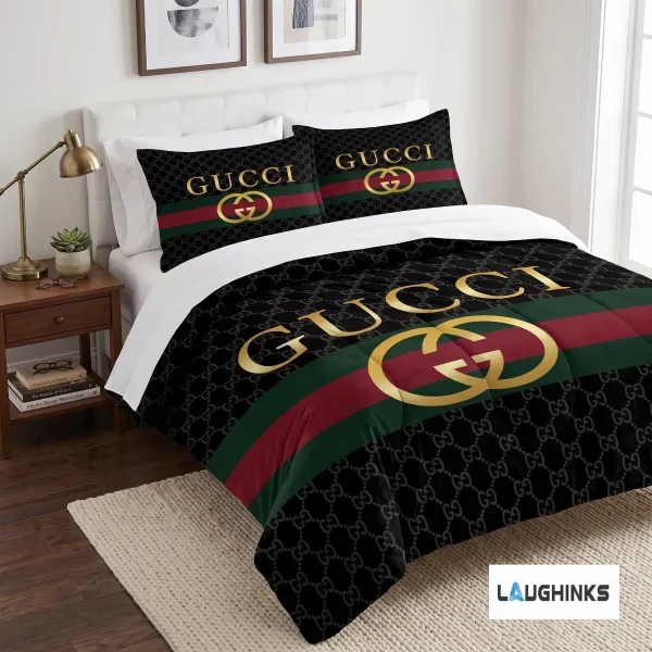 Close-up perspective of a Gucci monogram printed duvet cover with red and green accent stripes.