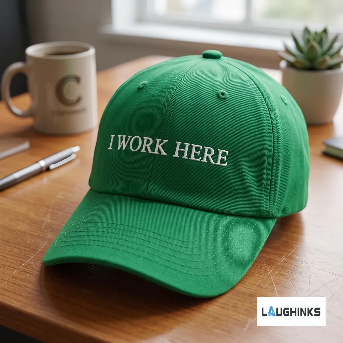 I Work Here Joe Burrow Cincinnati Bengals Green Embroidered Hat 7 The Joe Burrow meme hat in green displayed on a platform.