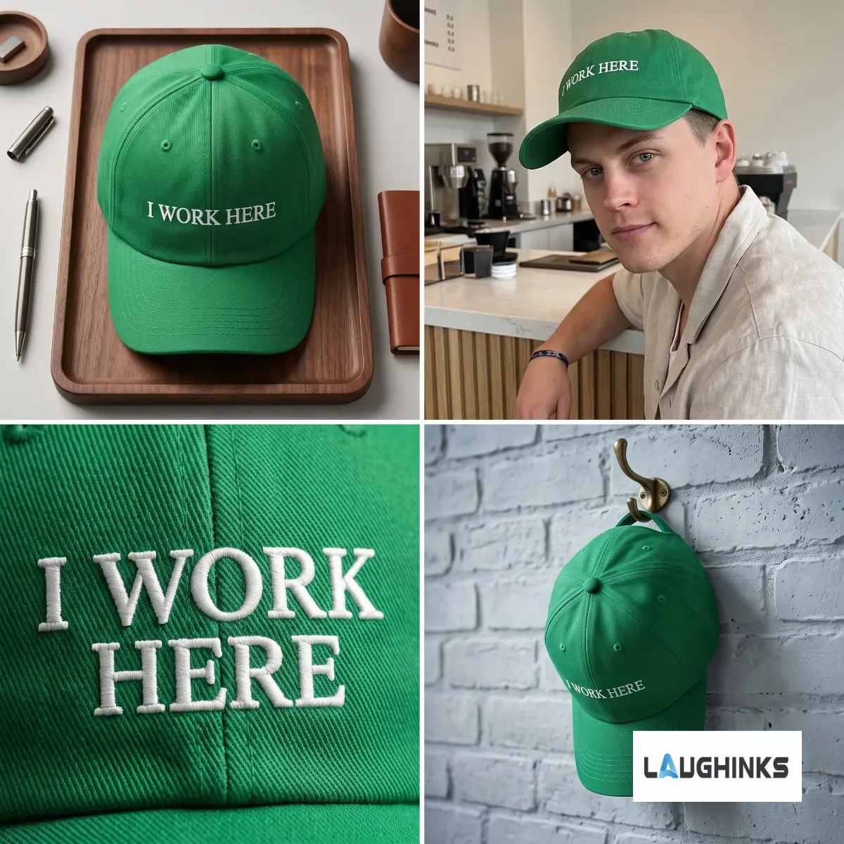 I Work Here Joe Burrow Cincinnati Bengals Green Embroidered Hat 5 Kelly green baseball hat with white embroidery saying I WORK HERE, styled on a wooden base with a Joe Burrow photo reference. (Detail view #3)