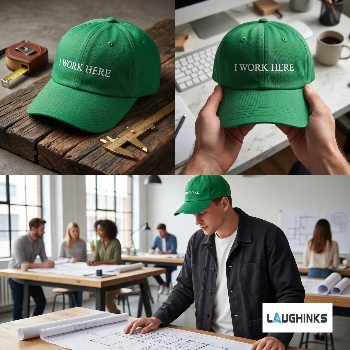 I Work Here Joe Burrow Cincinnati Bengals Green Embroidered Hat 6 Kelly green baseball hat with white embroidery saying I WORK HERE, styled on a wooden base with a Joe Burrow photo reference. (Detail view #4)