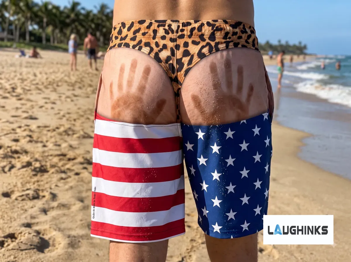 American Flag Leopard Print Funny Handprint Swim Trunks AOP Hawaiian Shorts for Men 6 Front view of American flag and leopard print swim trunks with white drawstring, worn by a man at the beach. (Detail view #4)