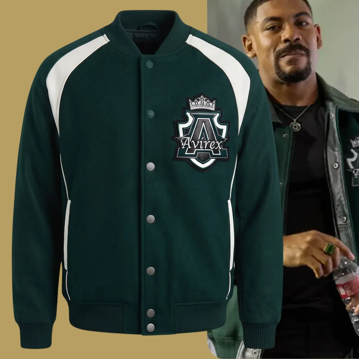 Comic-con 2026 Aaron Pierre Green Lantern AOP Baseball Varsity Jacket 3 Green and white varsity jacket featuring the Green Lantern Aaron Pierre shield crest graphic