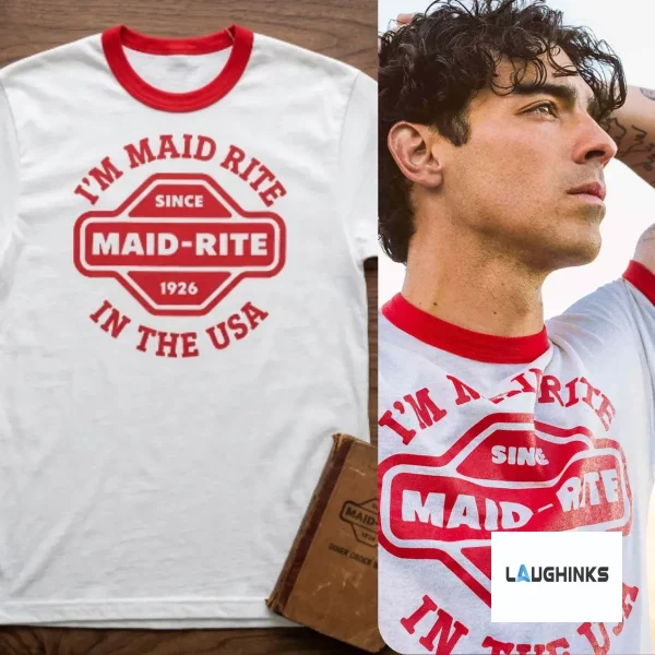 Nick Jonas Maid-Rite t-shirt design featuring vintage red typography on a white ringer tee.