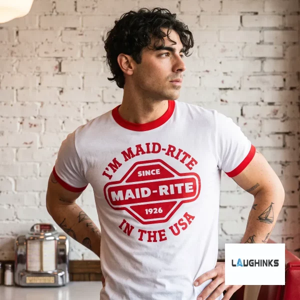 Nick Jonas Maid-Rite t-shirt design featuring vintage red typography on a white ringer tee. (Detail view #3)