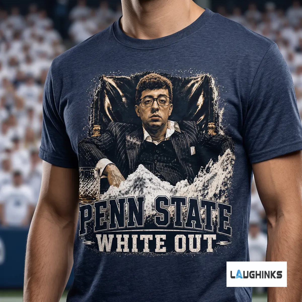 Cocaine kingpin Pablo Pledgescobar meme Penn State White Out 2026 T Shirt Sweatshirt Hoodie 5 Pablo Pledgescobar meme design on a white Penn State White Out game day t-shirt. (Detail view #3)