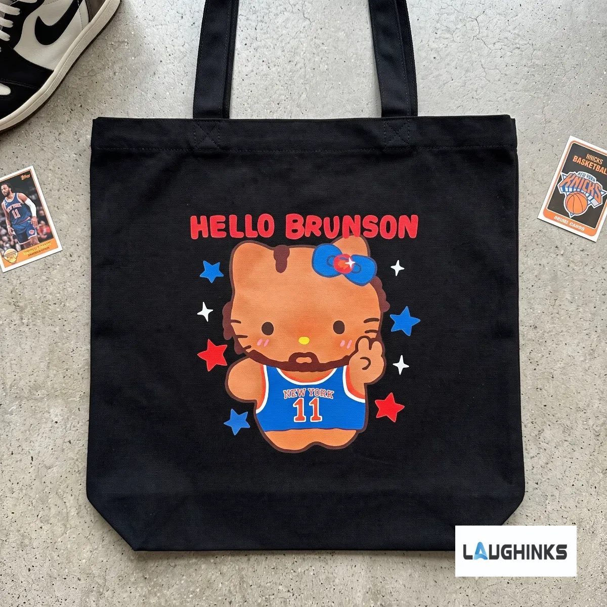 Hello Brunson Jalen Brunson New York Knicks Canvas Tote Bag 3 Black canvas tote bag featuring Jalen Brunson as a Hello Kitty character, ideal for New York Knicks fans.