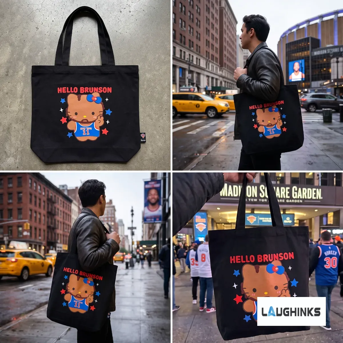 Hello Brunson Jalen Brunson New York Knicks Canvas Tote Bag 5 Black canvas tote bag featuring Jalen Brunson as a Hello Kitty character, ideal for New York Knicks fans. (Detail view #2)
