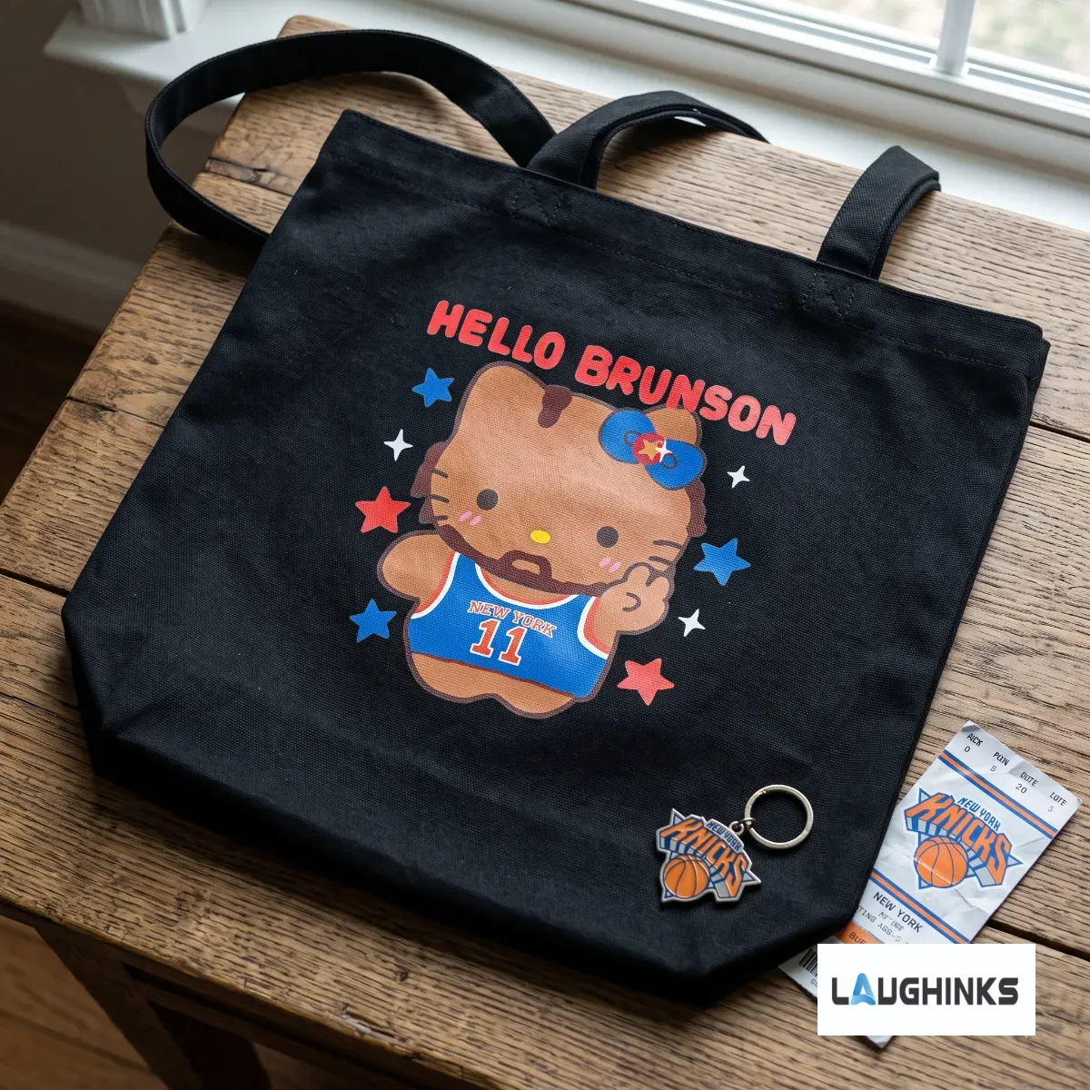 Hello Brunson Jalen Brunson New York Knicks Canvas Tote Bag 4 Black canvas tote bag featuring Jalen Brunson as a Hello Kitty character, ideal for New York Knicks fans. (Detail view #3)