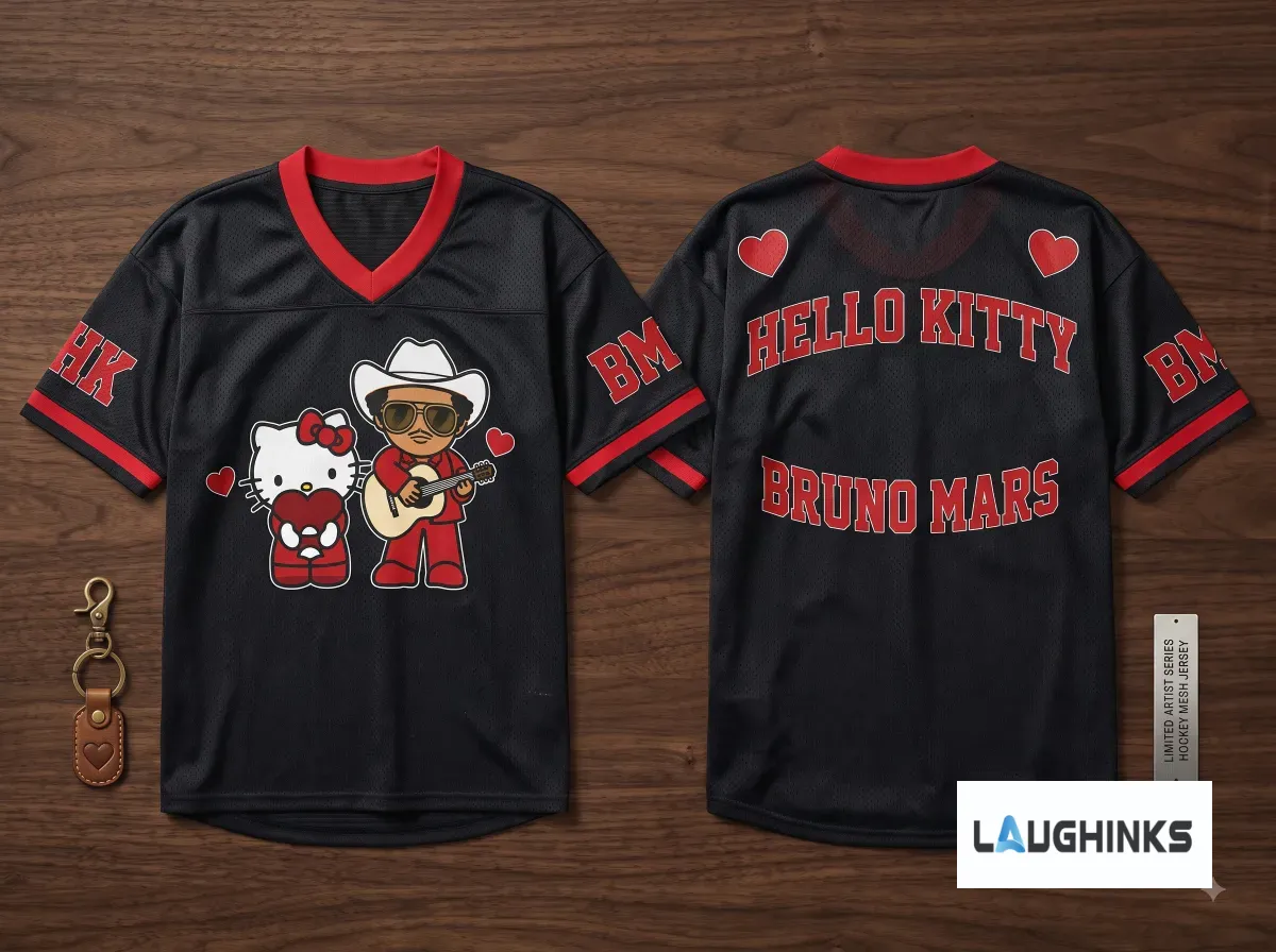 Hello Kitty Bruno Mars The Romantic Tour 2026 Merch Hockey Jersey Shirt At MetLife Stadium, East Rutherford, New Jersey On August 21 2026 2 Front and back of black hockey jersey with Hello Kitty and Bruno Mars graphic design