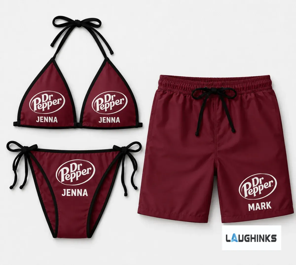 Custom Couple Names Dr Pepper Personalized Matching Swimwear Beach Bikini and Short Set 9 Close up view of Dr Pepper branded personalized bikini and trunks