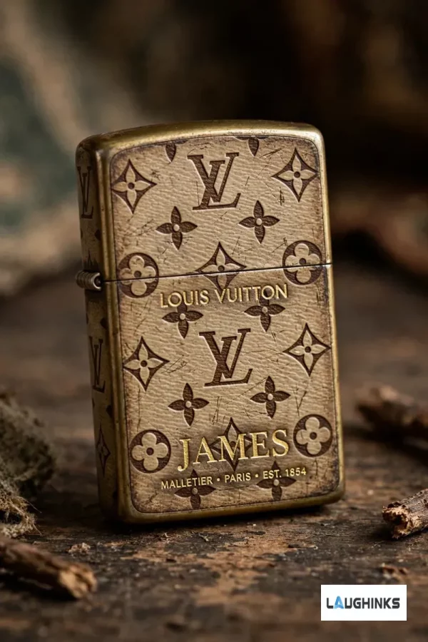 Custom vintage style brass lighter case featuring luxury monogram print and personalized name tag.