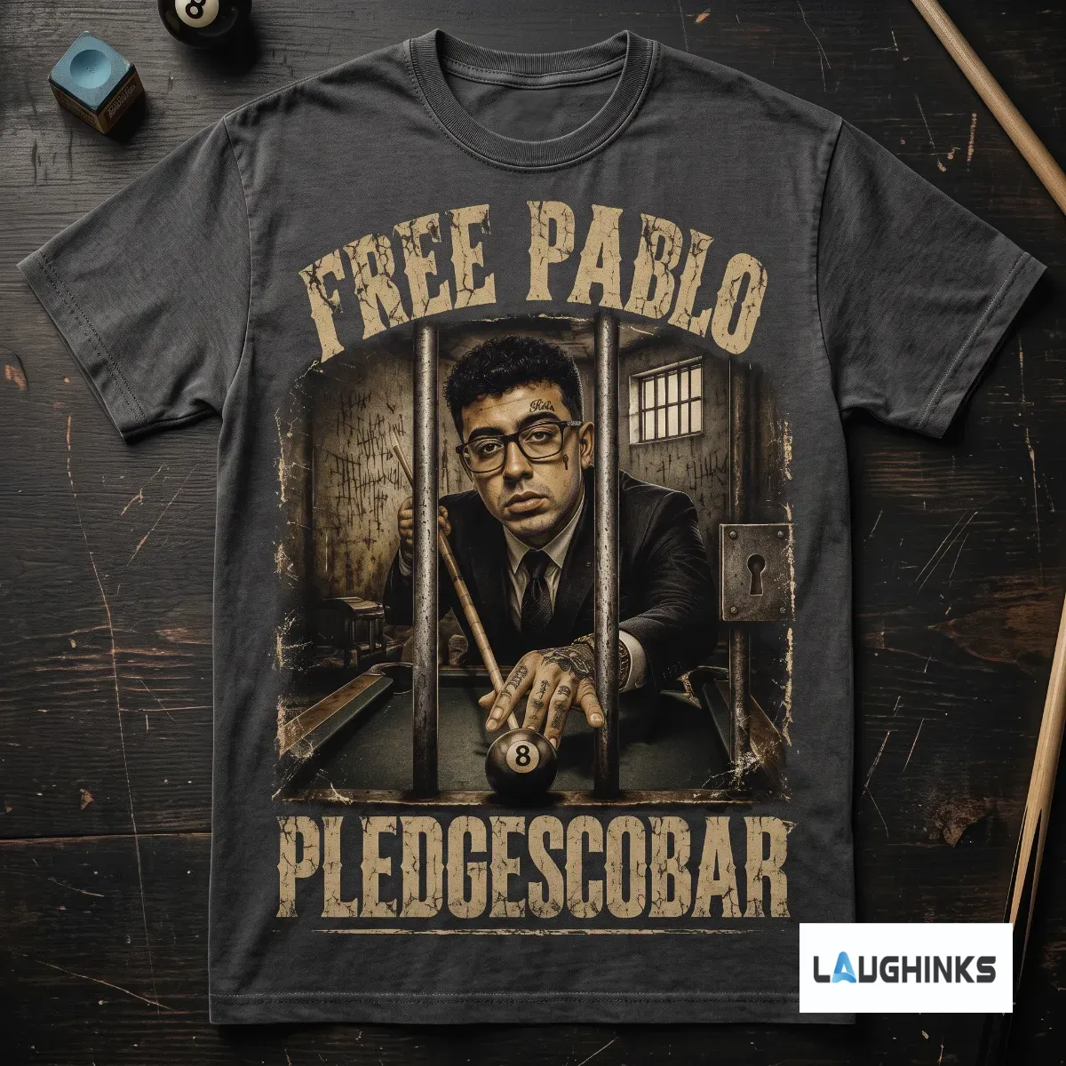 Free Pablo Pledgescobar T-Shirt 8 Front view of black t-shirt with Free Pablo Pledgescobar prison graphic (Detail view #4)