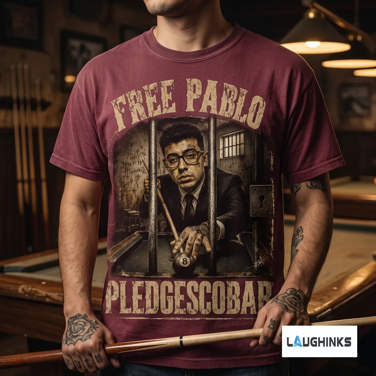 Free Pablo Pledgescobar T-Shirt 9 Front view of black t-shirt with Free Pablo Pledgescobar prison graphic (Detail view #5)