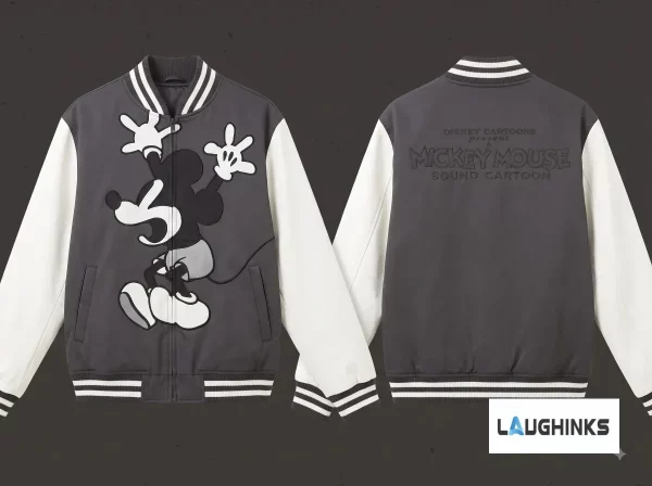 Front view of grey and white varsity jacket with dancing skeleton Mickey Mouse graphic print.