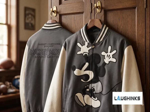 Rear view of Disney Mickey Mouse varsity jacket with vintage sound cartoon typography.