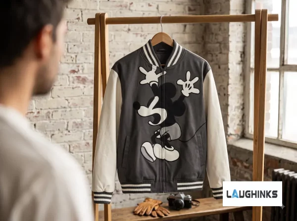 Front view of grey and white varsity jacket with dancing skeleton Mickey Mouse graphic print. (Detail view #3)