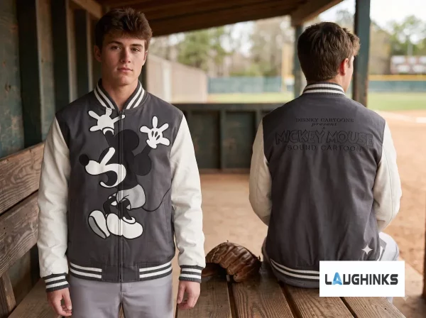 Front view of grey and white varsity jacket with dancing skeleton Mickey Mouse graphic print. (Detail view #4)