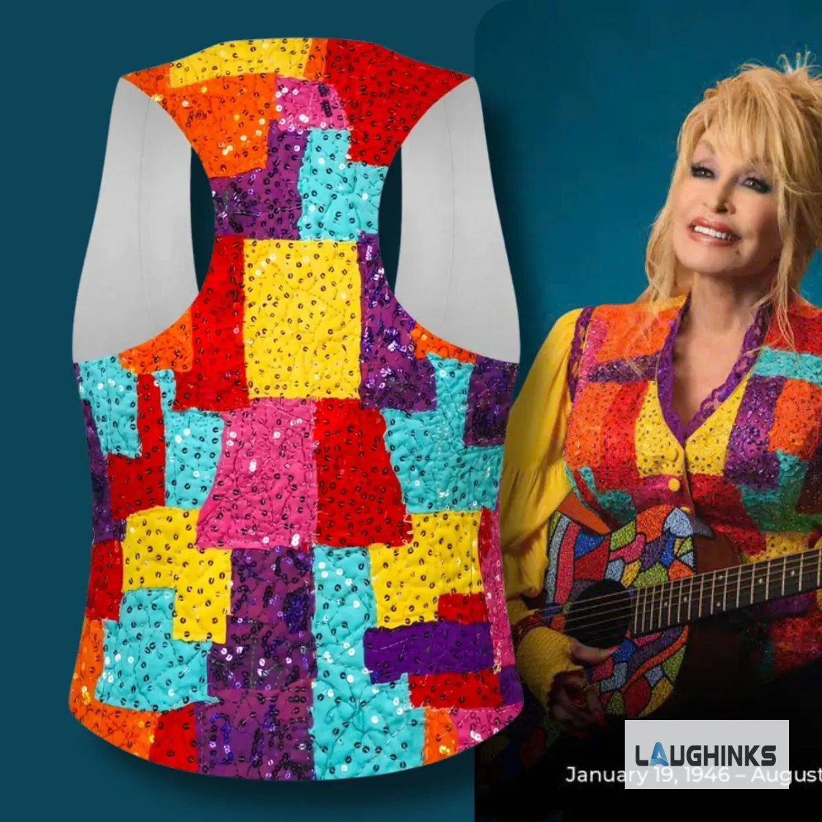 Dolly Parton's iconic Coat of Many Colors AOP Sleeveless Slim Fit Suit Vest 10 Close up of the colorful patchwork print on the Dolly Parton inspired vest design.