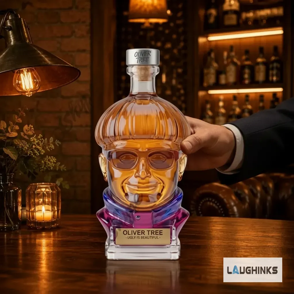 Oliver Tree Ugly Is Beautiful Glass Whiskey Decanter 3 Front profile of Oliver Tree bust decanter, highlighting the Ugly Is Beautiful plaque.