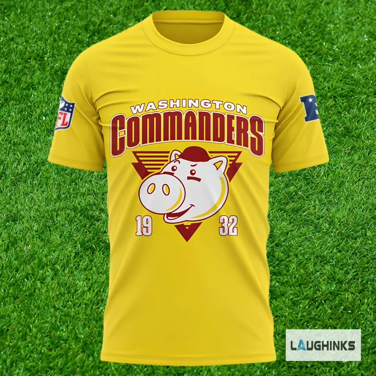 Washington Commanders NFL Mascot x Disney Characters Collab Merch Collection T-Shirt Sweatshirt Hoodie 2026 4 Front view of yellow Washington Commanders t-shirt with retro Major Tuddy graphic.