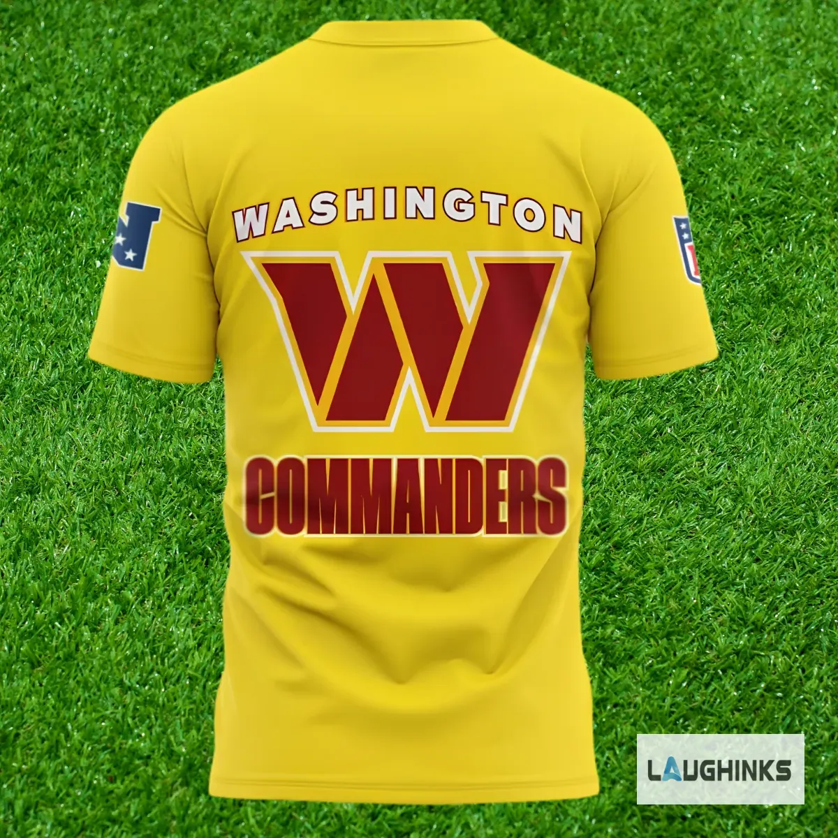 Washington Commanders NFL Mascot x Disney Characters Collab Merch Collection T-Shirt Sweatshirt Hoodie 2026 7 Commanders Major Tuddy mascot shirt on green football field background.