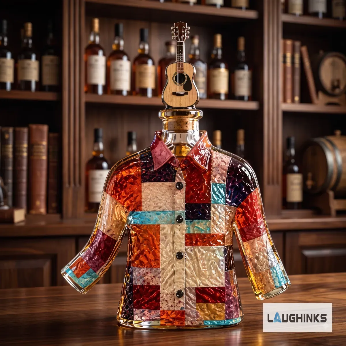 Dolly Parton Coat Of Many Colors Shaped Whiskey Bottle 3 Wide shot of a Dolly Parton memorial bottle on a bar counter, featuring a miniature guitar topper and a heartfelt commemorative tag.