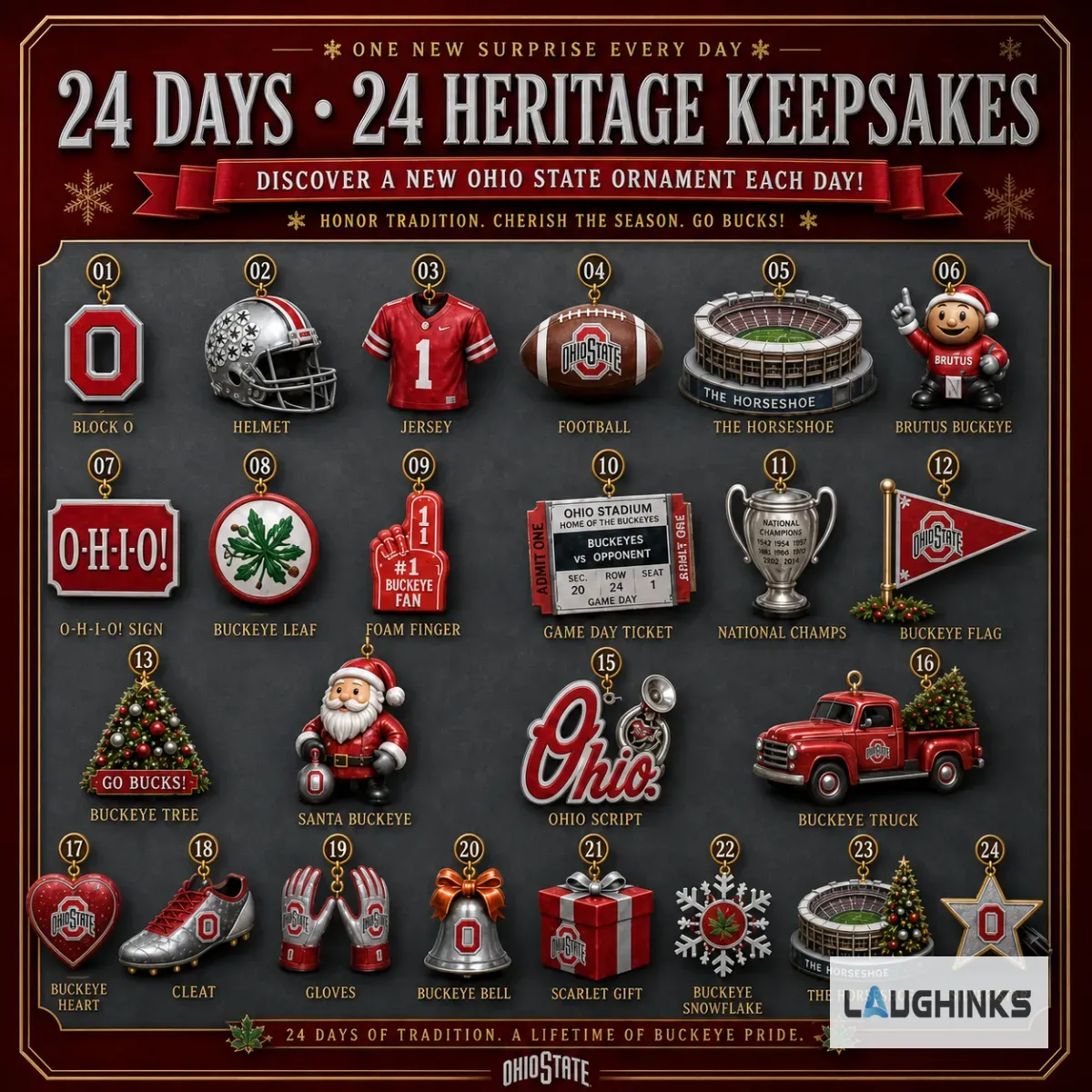 Ohio State Buckeyes Christmas Advent Calendar 24 Days Of Collectible Ornaments 5 Close up of Brutus Buckeye and Ohio State University helmet ornaments on pine branches