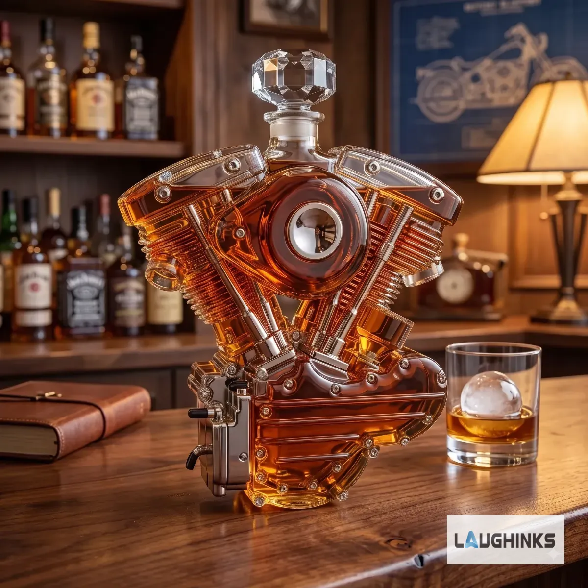 V-Twin Motorcycle Engine Whiskey Decanter Glass Gift for Biker Dad 5 Front view of a V-Twin engine shaped glass whiskey decanter with amber liquid on a wooden home bar