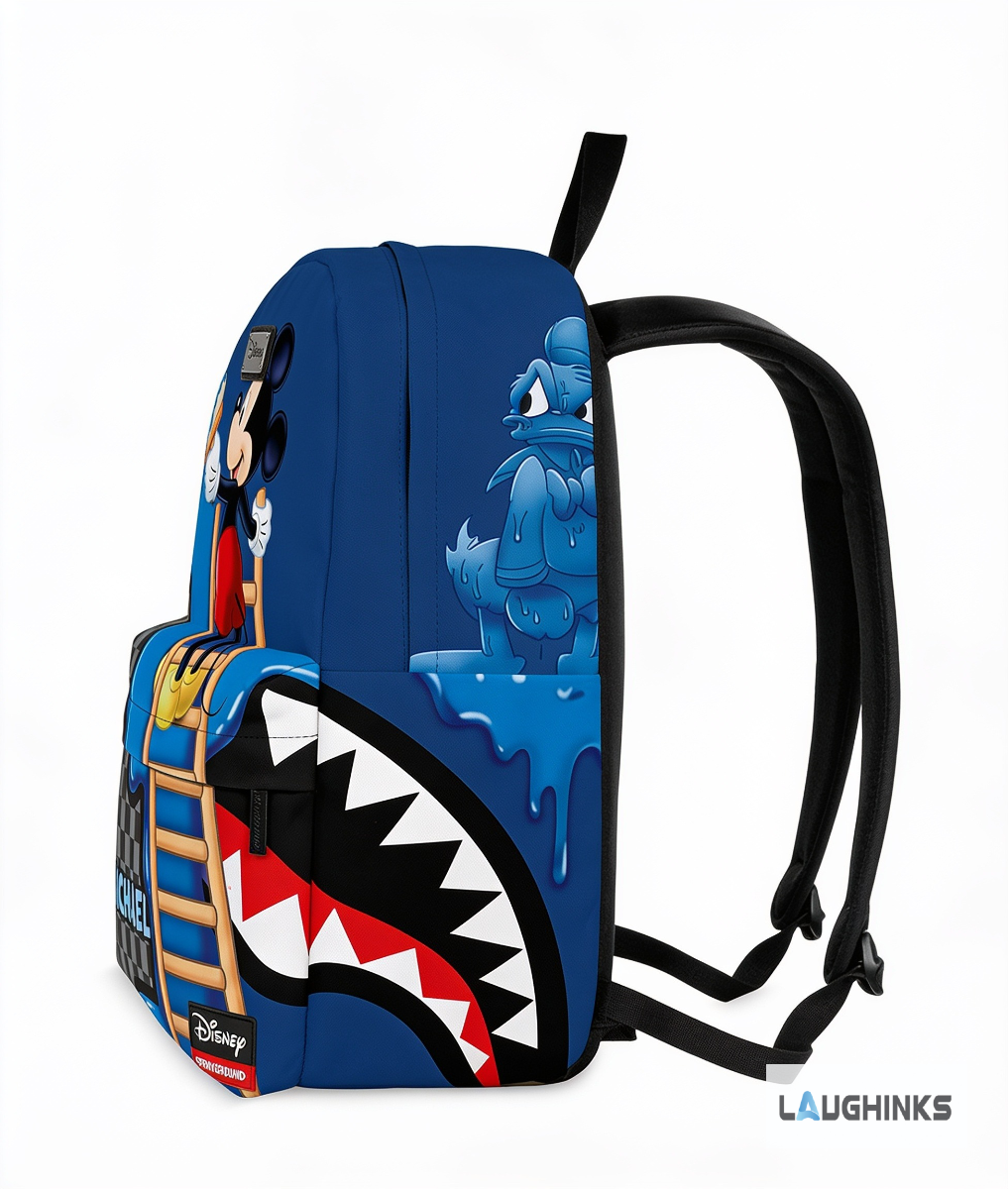 Custom Name Spayground Disney Mickey Mouse Paint Splatter School AOP Backpack Adults Kids 4 Mickey Mouse Disney backpack with blue paint splatter and personalized name text. (Detail view #3)