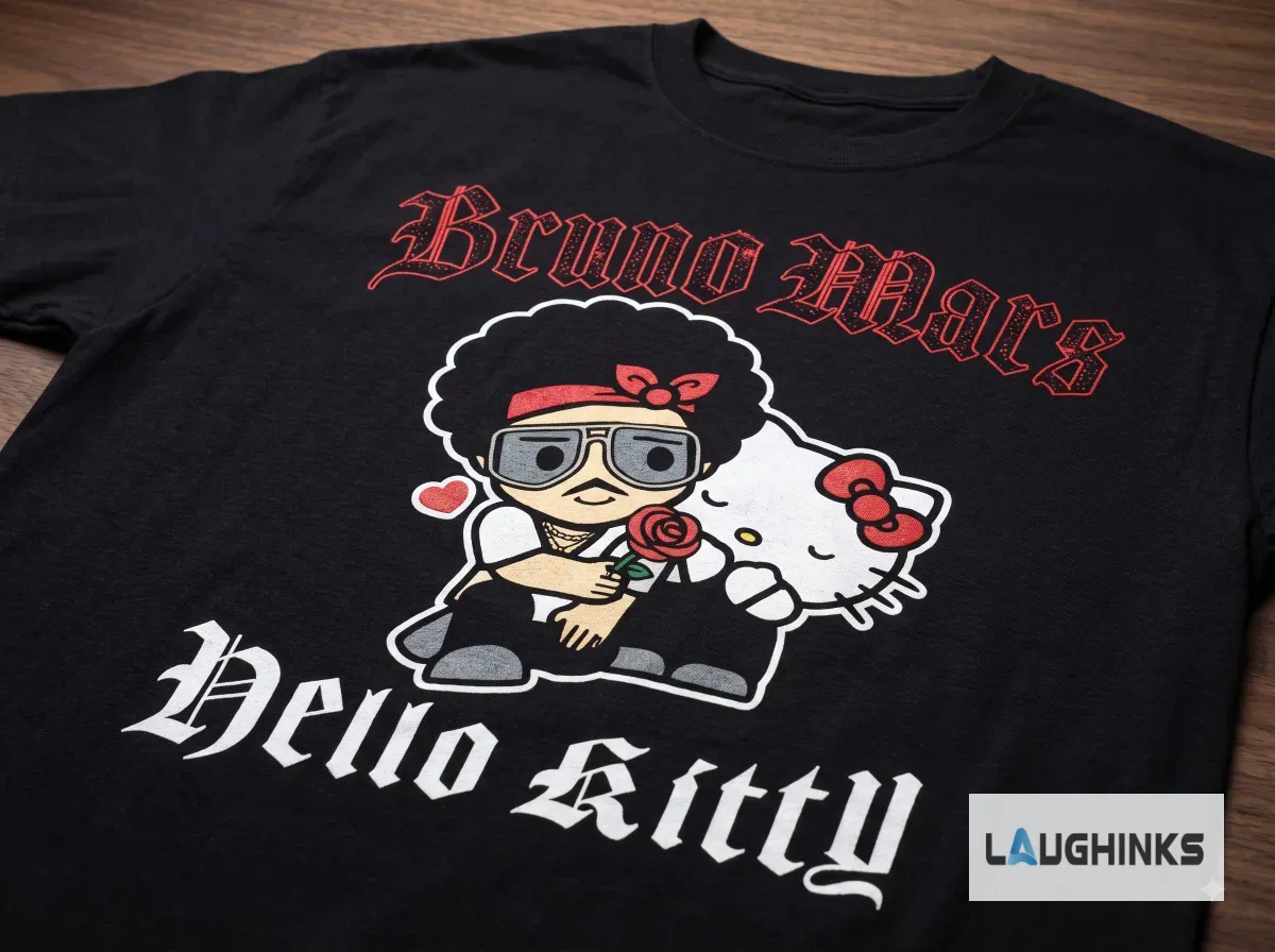 Hello Kitty Bruno Mars Romantic Tour Dates Shirt 2026 T-Shirt 8 Back view of the Hello Kitty Bruno Mars Romantic Tour 2026 t-shirt showing tour dates.
