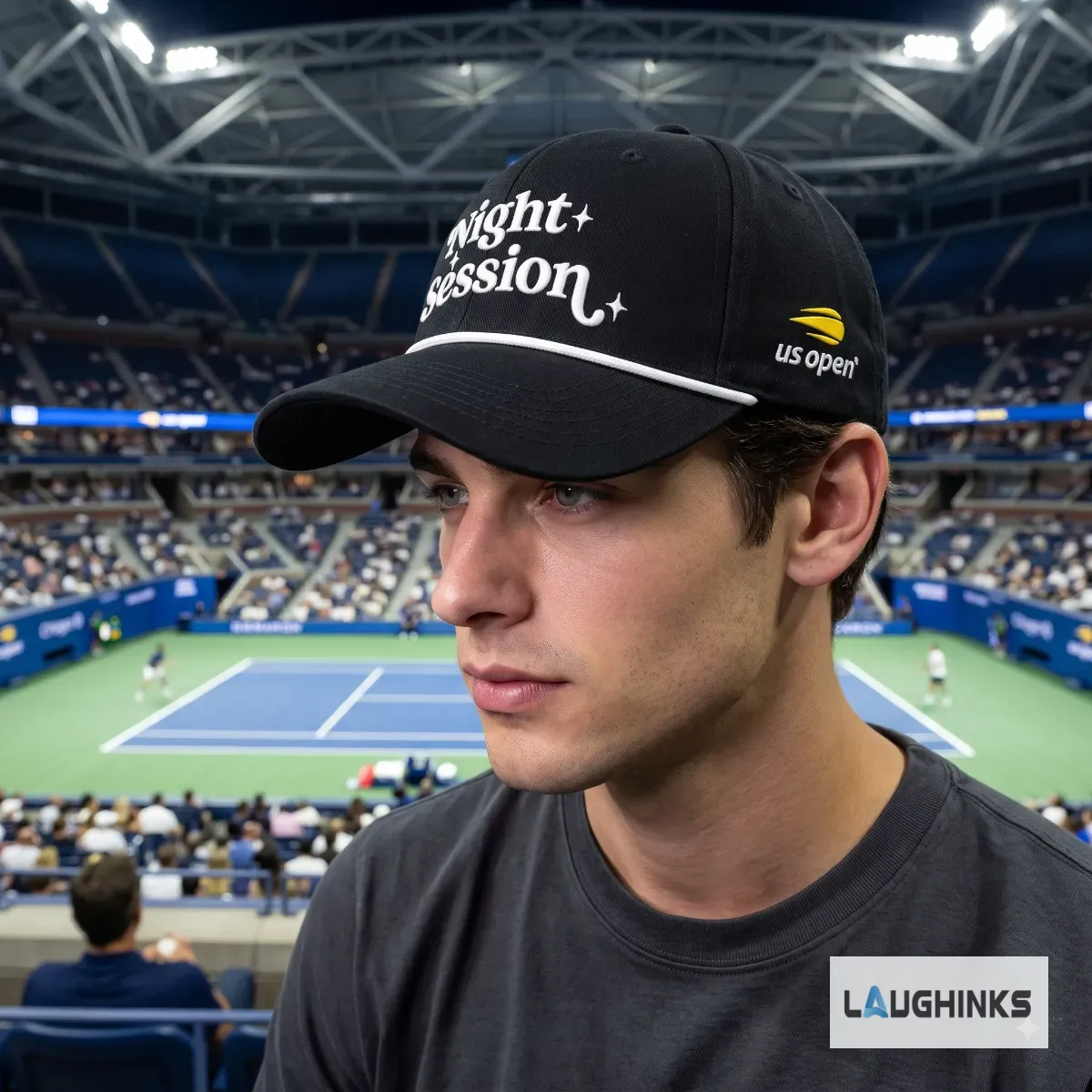 Night Session US Open 2026 Hat 4 Commentator wearing the Night Session US Open hat during the 3:33 AM match finish.