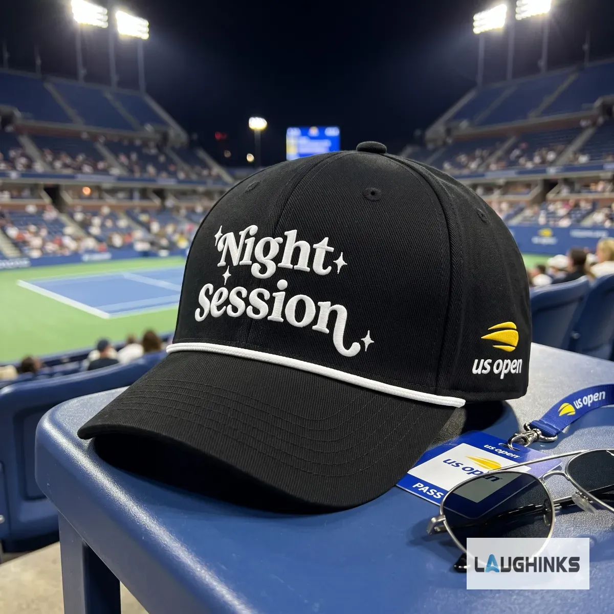 Night Session US Open 2026 Hat 7 Black US Open 2026 Night Session baseball cap with white typography and star graphics. (Detail view #4)