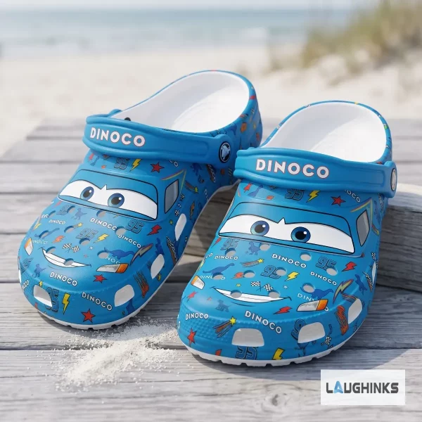 Top view of blue Disney Pixar Lightning McQueen Dinoco clogs with 95 branding and racing graphics. (Detail view #4)