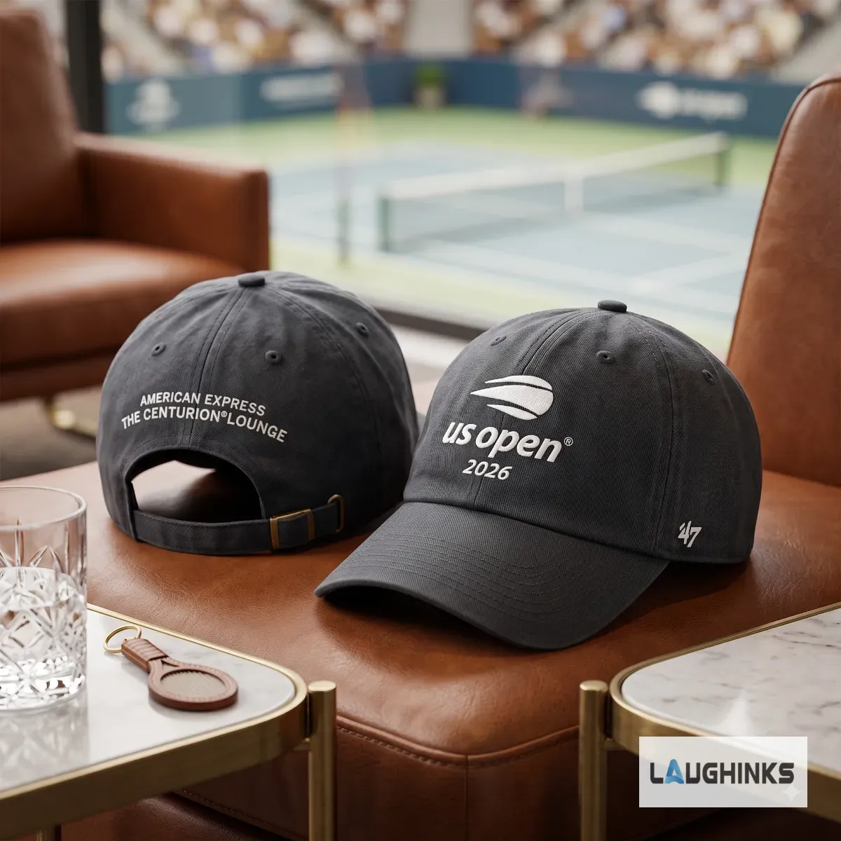 '47 Replica US Open 2026 Tennis American Express Centurion Lounge Embroidered Baseball Cap Hat 8 Rear view of a charcoal grey '47 baseball cap with American Express The Centurion Lounge embroidery. (Detail view #4)