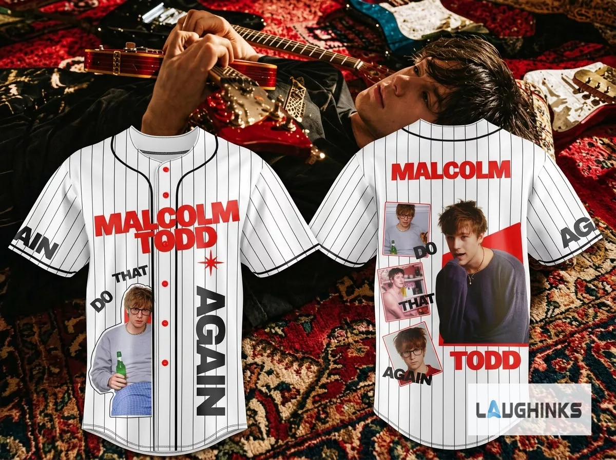 Malcolm Todd Do That Again Tour Merch 2026 Graphic Baseball Jersey Shirt 5 Front view of white Malcolm Todd baseball jersey with red text and photo print. (Detail view #3)
