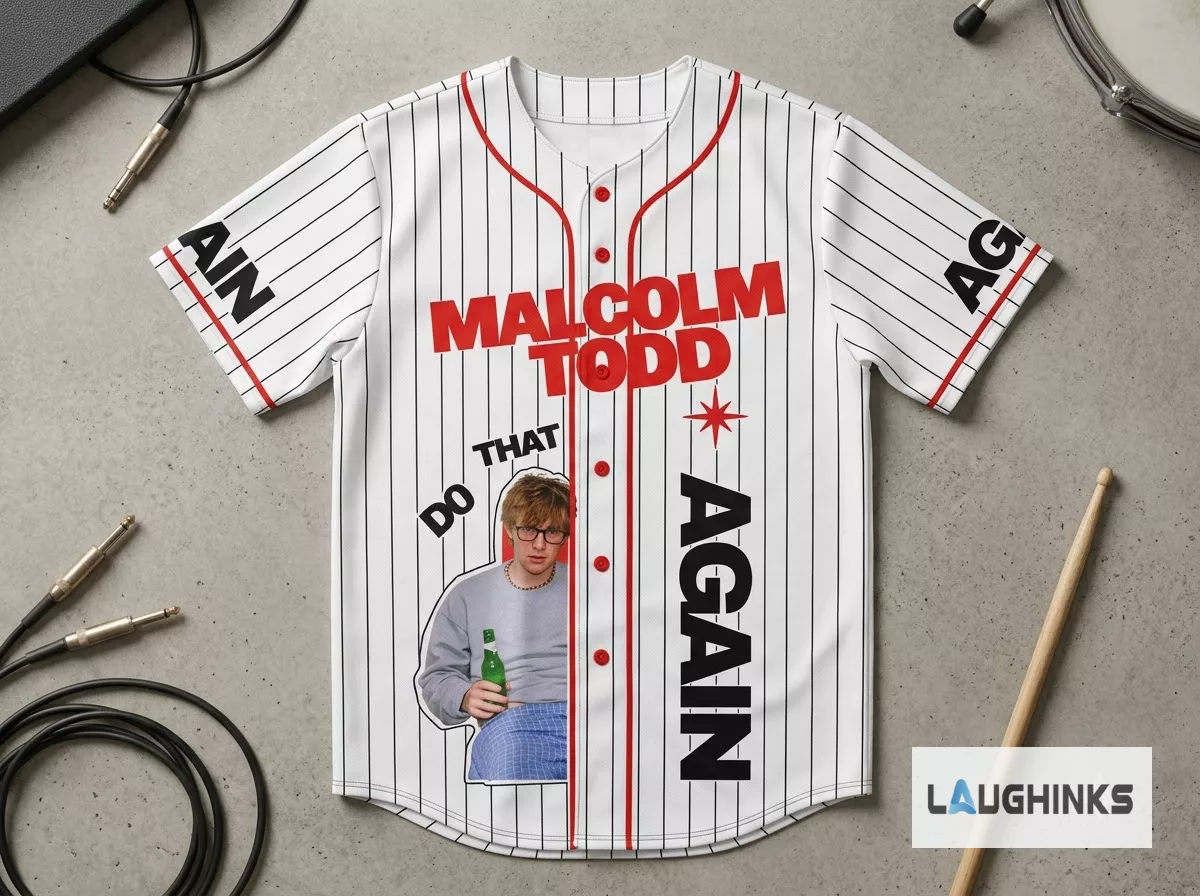 Malcolm Todd Do That Again Tour Merch 2026 Graphic Baseball Jersey Shirt 7 Front view of white Malcolm Todd baseball jersey with red text and photo print. (Detail view #4)