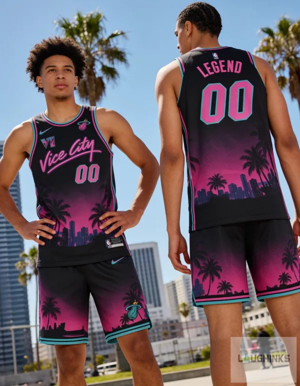 Personalized pink and blue palm tree 2026 Miami Heat Vice City Merch GTA 6 Basketball Jersey Shirt and Shorts Set