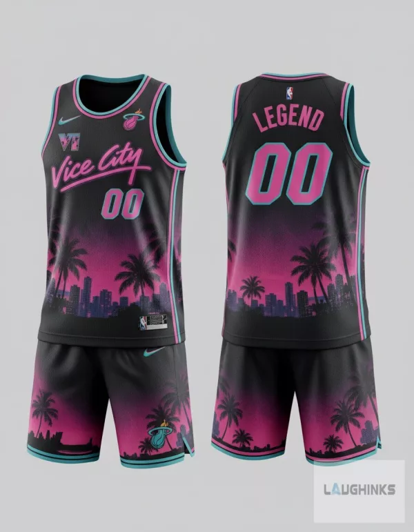 Personalized pink and blue palm tree 2026 Miami Heat Vice City Merch GTA 6 Basketball Jersey Shirt and Shorts Set