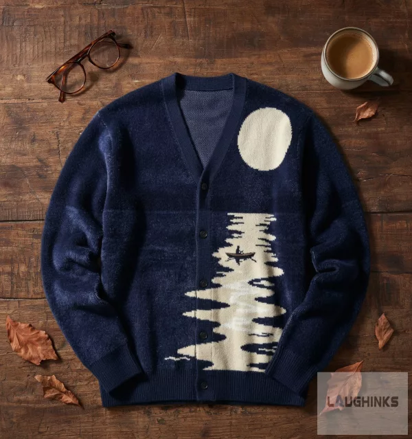 Moonlit River Landscape Knitted Cardigan Scenic Graphic Apparel