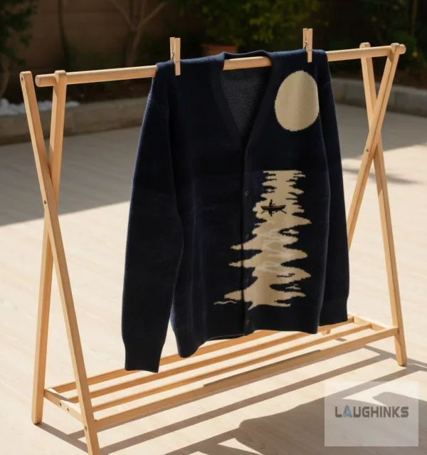 Moonlit River Landscape Knitted Cardigan Scenic Graphic Apparel