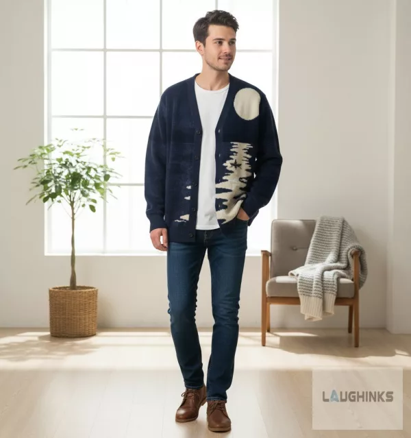 Moonlit River Landscape Knitted Cardigan Scenic Graphic Apparel