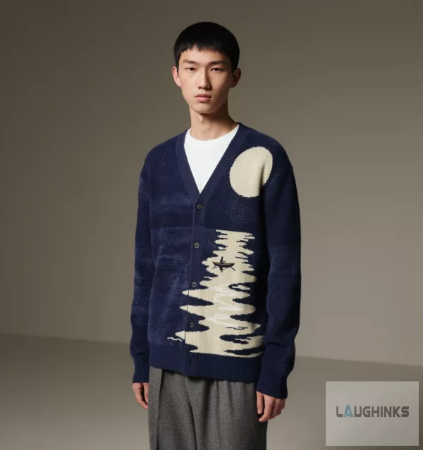 Moonlit River Landscape Knitted Cardigan Scenic Graphic Apparel