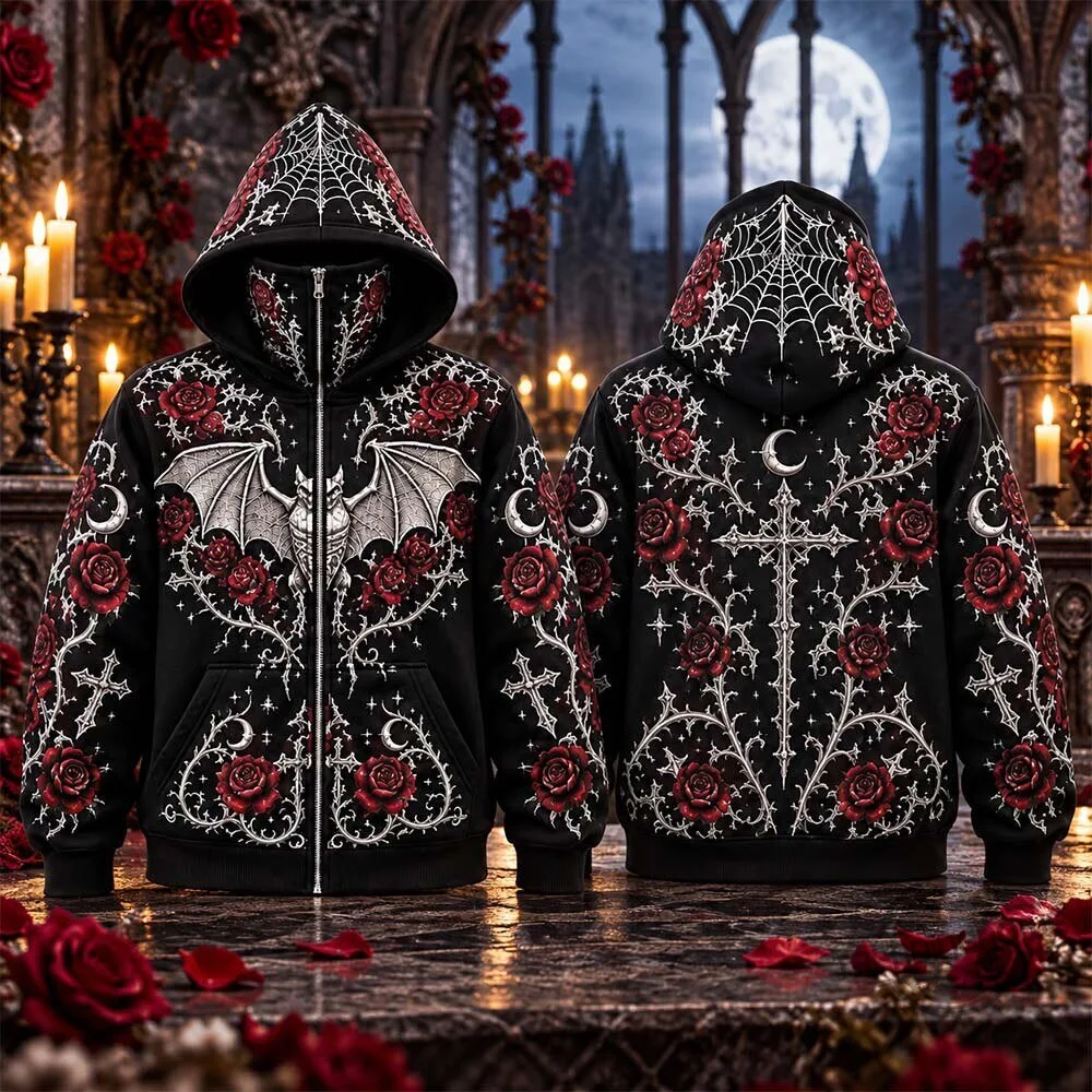 Ethoriel Gothic Bat Rose Cross Print Full Zip Face Mask Hoodie Shirt 6 Ethoriel Gothic Bat Rose Cross Print Full Zip Face Mask Hoodie Shirt