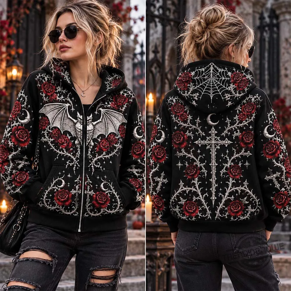 Ethoriel Gothic Bat Rose Cross Print Full Zip Face Mask Hoodie Shirt 8 Ethoriel Gothic Bat Rose Cross Print Full Zip Face Mask Hoodie Shirt